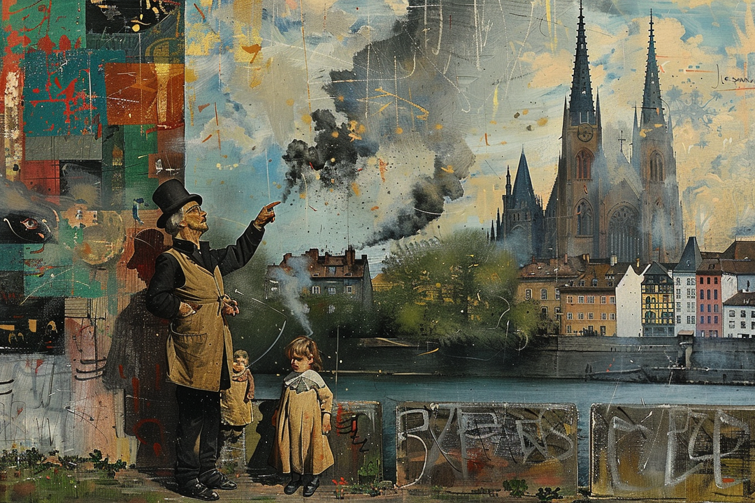 Ein älterer Mann mit Zylinder zeigt drei Kindern etwas am Himmel. Im Hintergrund erhebt sich eine gotische Kathedrale über einer Stadt am Fluss, während Rauchwolken und farbige abstrakte Strukturen den Himmel durchziehen. Die Szene verbindet historische und zeitgenössische Bildelemente.
