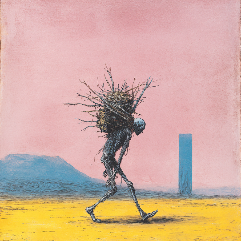 Eine dürre, skelettartige Gestalt trägt ein Bündel aus Zweigen auf dem Rücken und wandert über eine gelbe Wüstenlandschaft vor einem rosa Himmel.
