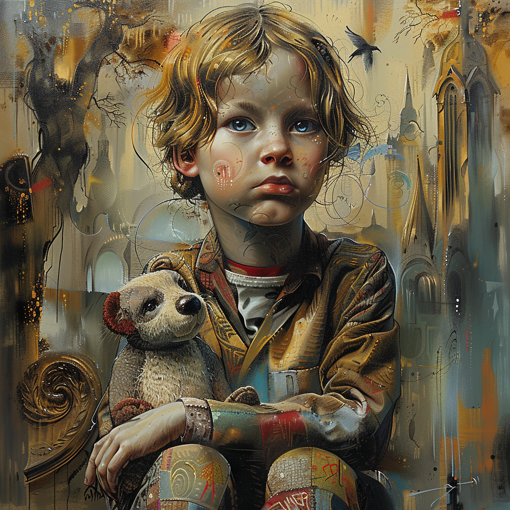 Ein nachdenklicher Junge mit blonden Locken und einem alten Stofftier sitzt in einer traumhaften, leicht melancholischen Szenerie aus verblassenden Farben und architektonischen Formen.
