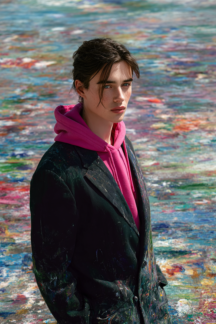 portrait einer jungen person in schwarzem sakko und pinkem hoodie vor farbenreicher malfläche
