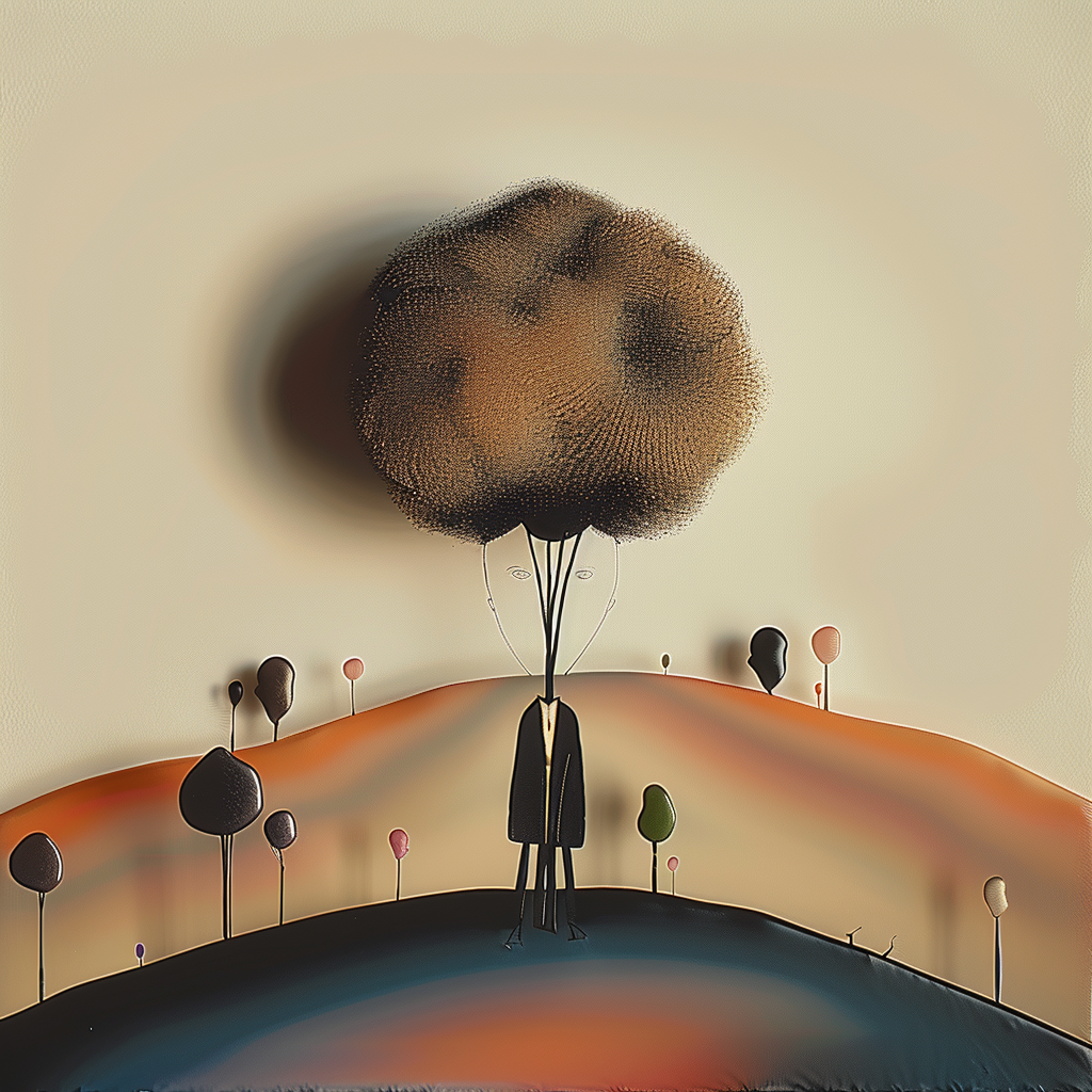 Surreales Gemälde eines Mannes, dessen Kopf in eine große, baumartige Krone übergeht, umgeben von einer weichen Hügellandschaft.
