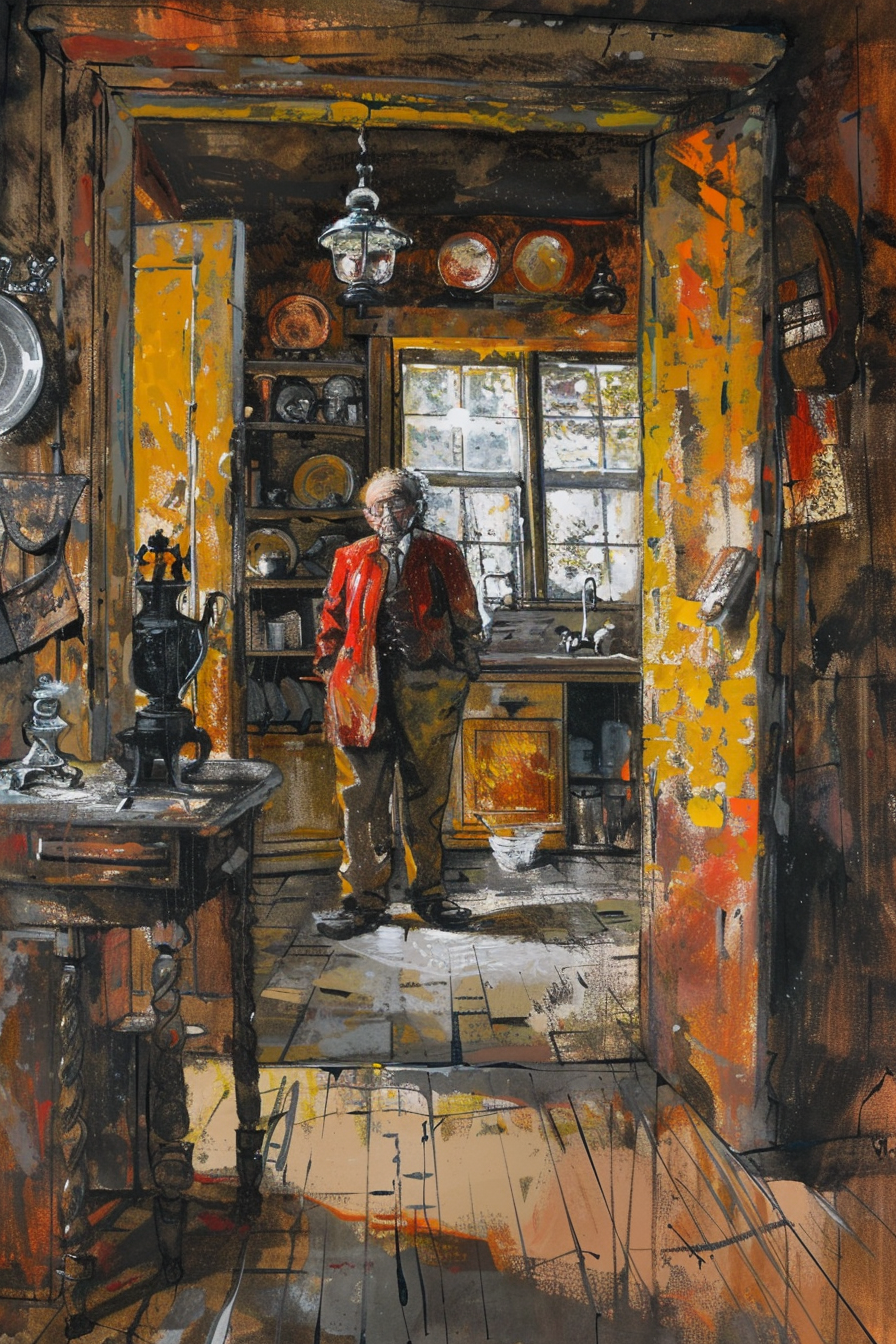 Gemälde eines älteren Mannes in einer warm beleuchteten Küche mit Holzinterieur und nostalgischer Atmosphäre.
