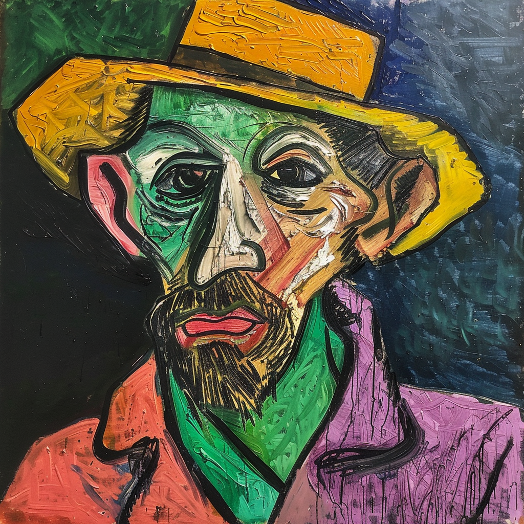 Abstraktes Porträt eines Mannes mit gelbem Hut, farbintensiv im expressionistischen Stil gemalt.
