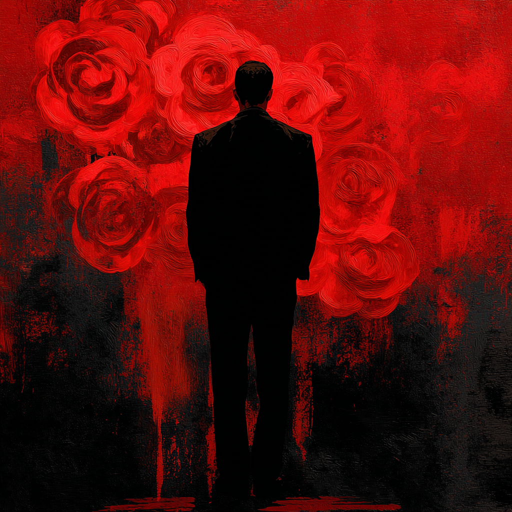 Ein Mann in schwarzem Anzug steht vor einer Wand mit großen roten Rosen auf dunklem Hintergrund.
