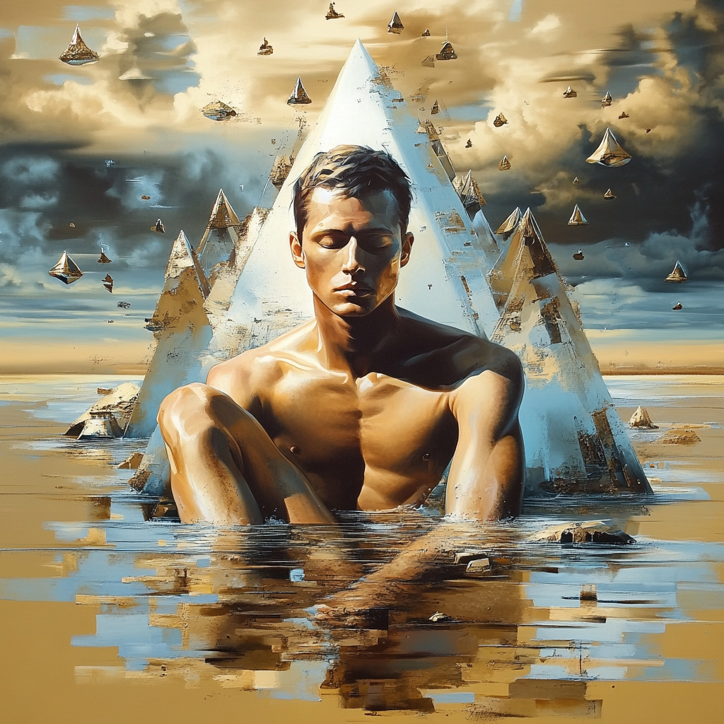 Männliche Figur sitzt meditierend vor monumentalen Pyramiden in einer surrealen Landschaft

