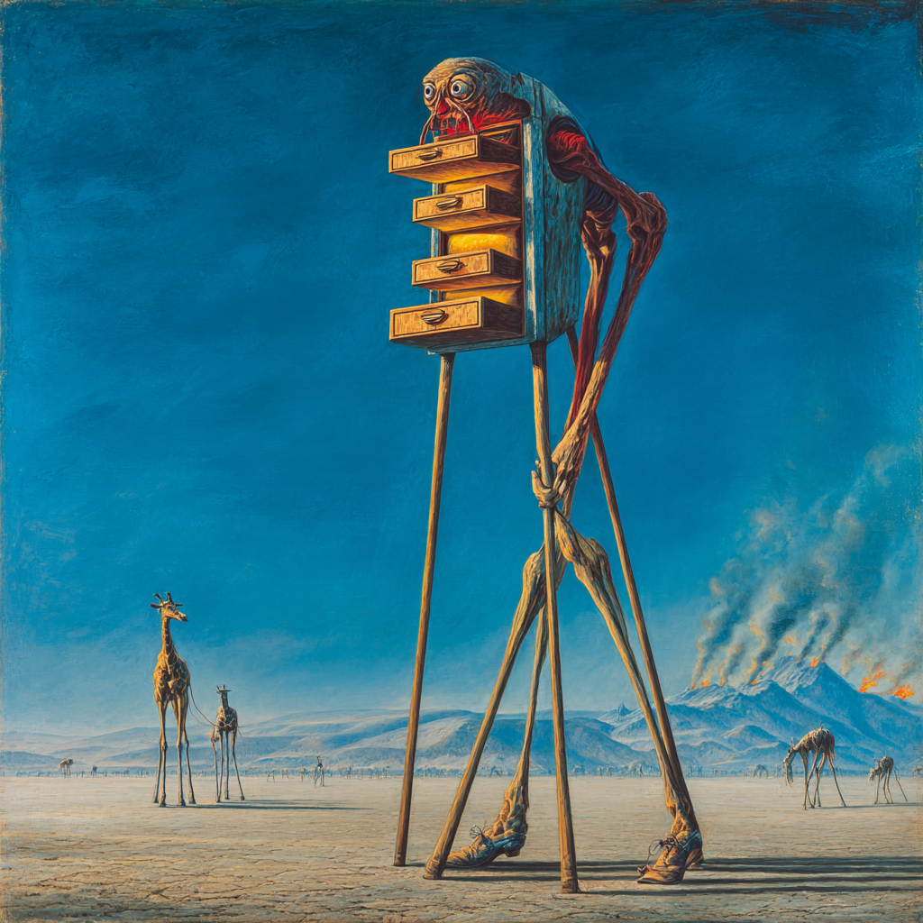 Ein surrealistisches Gemälde zeigt eine groteske Figur mit langen Stelzenbeinen und einem Körper, der aus offenen Schubladen besteht, in einer weiten, wüstenähnlichen Landschaft mit Giraffen im Hintergrund.
