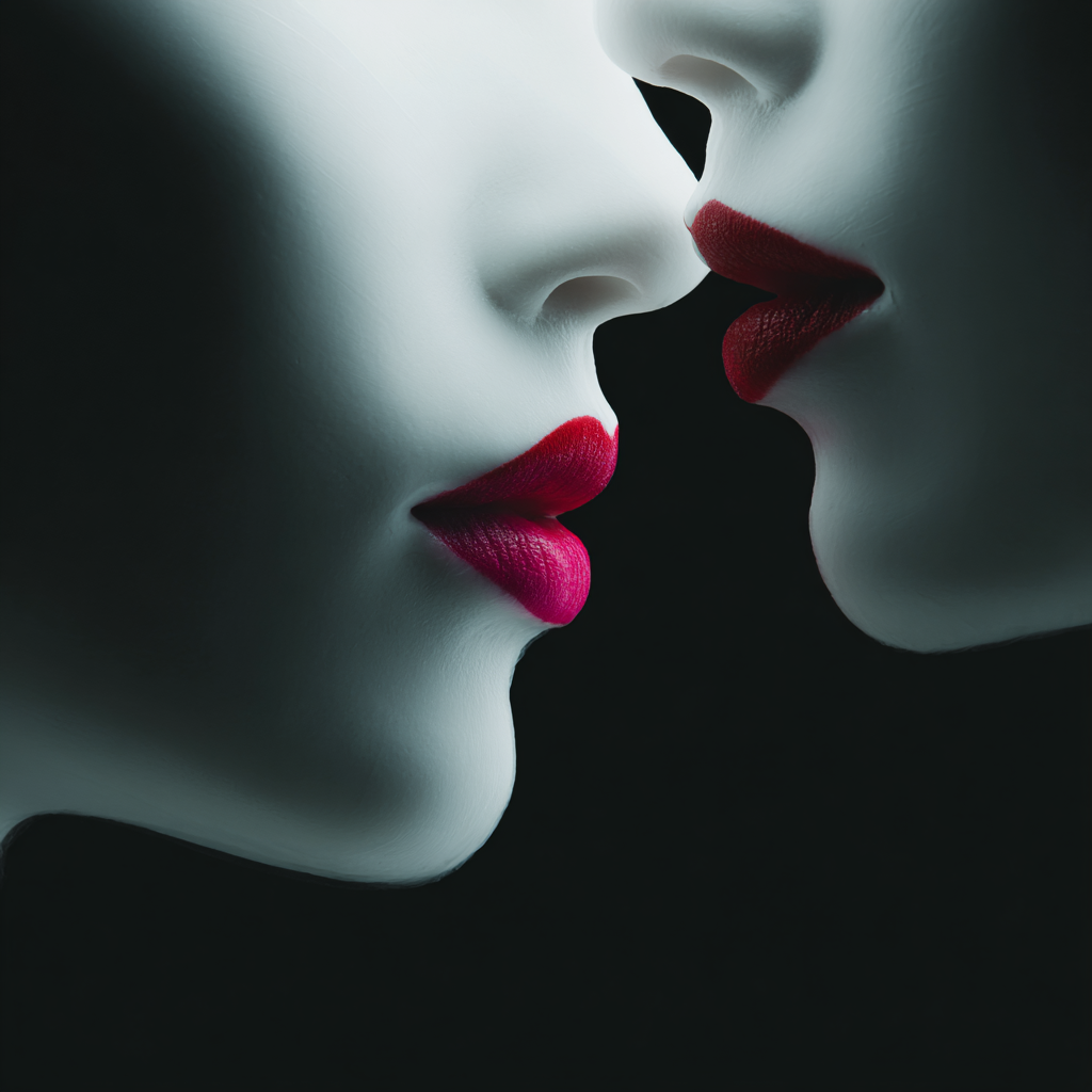 zwei gesichter kurz vor einem kuss mit roten lippen auf schwarzem hintergrund
