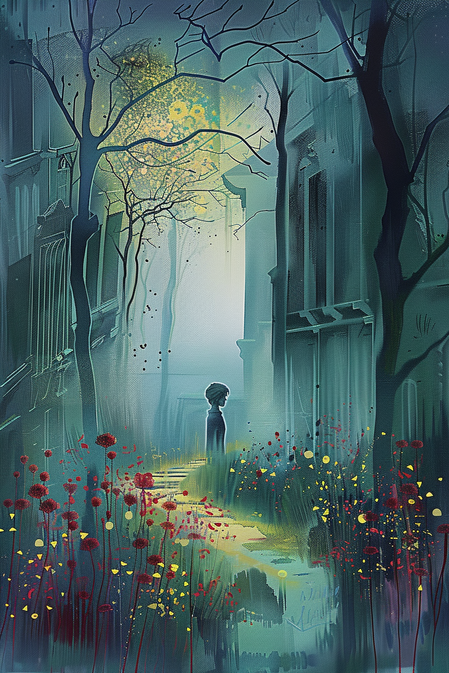 silhouette einer person in einer gasse mit blumen und lichtpfad
