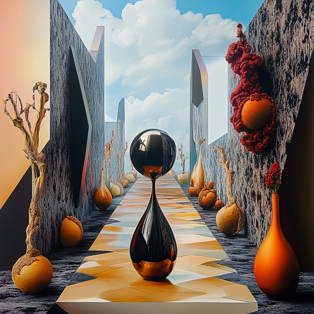 Surreale Szene mit geometrischem Korridor, kugelförmigen Objekten und organischen Formen
