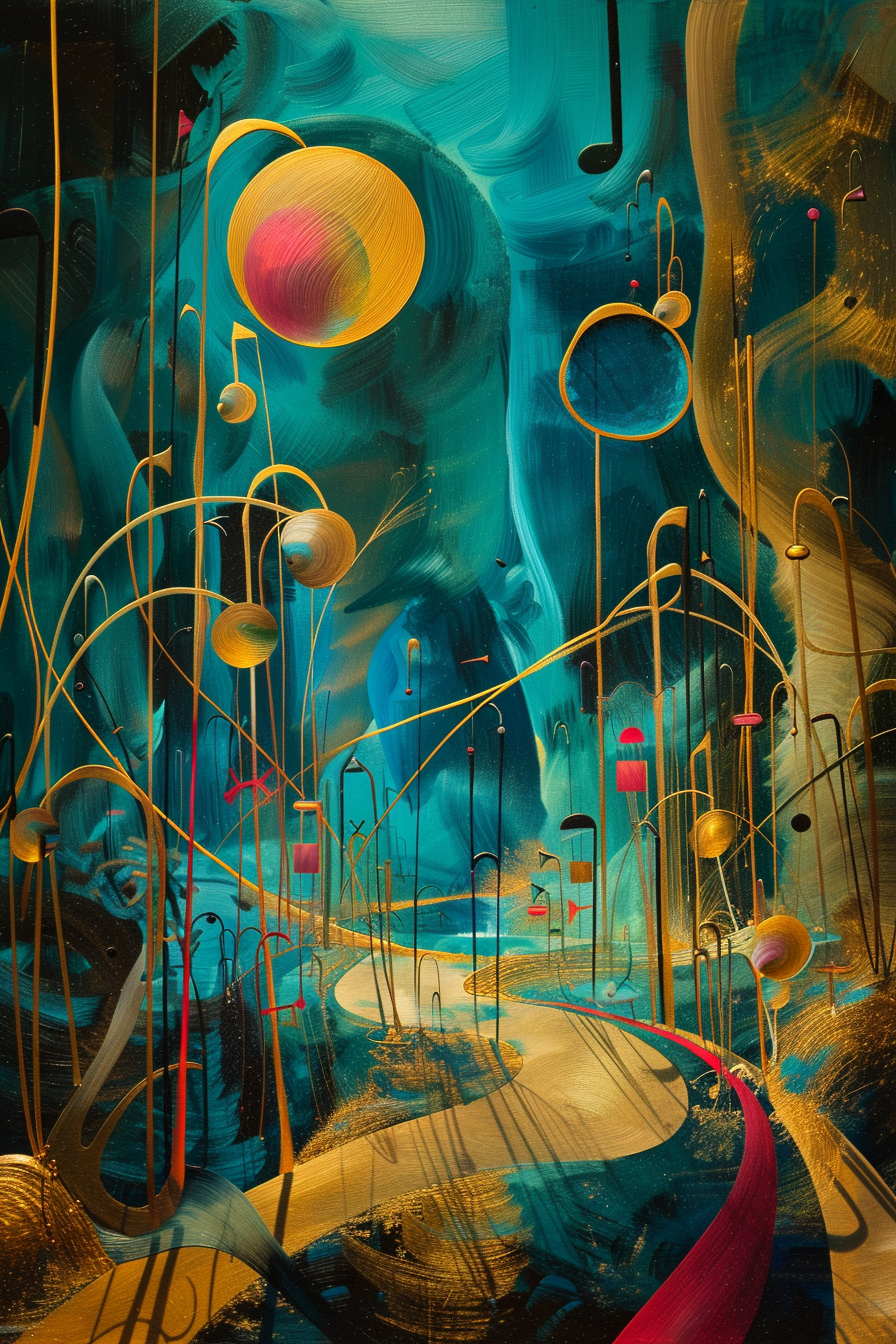 abstrakte musiklandschaft mit goldenen linien und schwebenden formen in blau und gold
