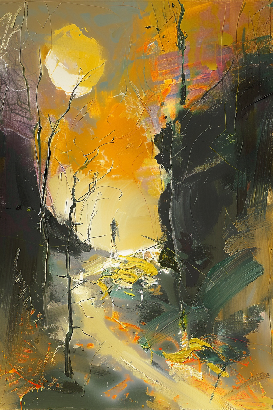 abstrakte landschaft mit sonne und figur in warmen farben
