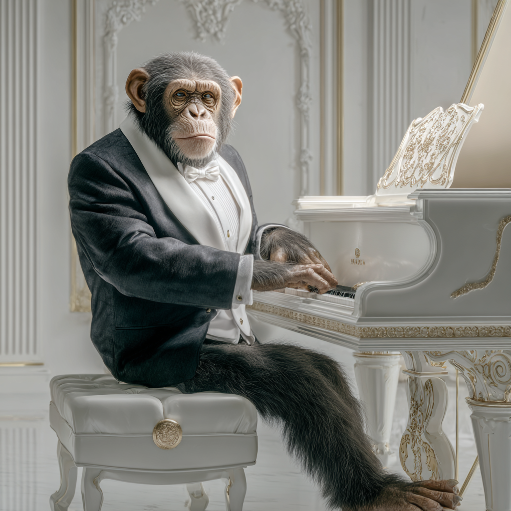 Schimpanse im Smoking sitzt an einem weißen, reich verzierten Konzertflügel in einem hellen, edlen Raum.
