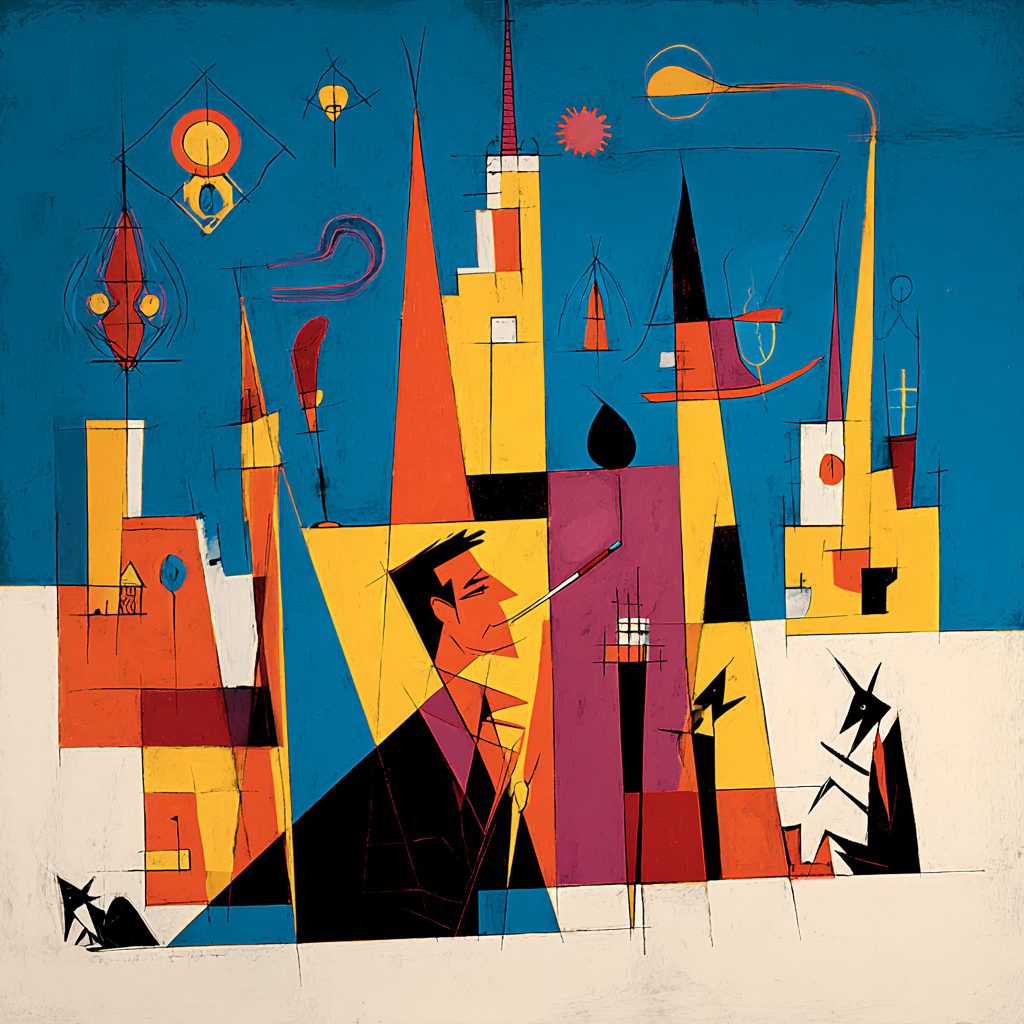Abstraktes Stadtbild in geometrischem Stil mit klaren Linien, Formen und kräftigen Farben – ein Mann mit Zigarette im Vordergrund, umgeben von spitzen Türmen, Gebäuden und symbolhaften Objekten auf blauem Hintergrund.
