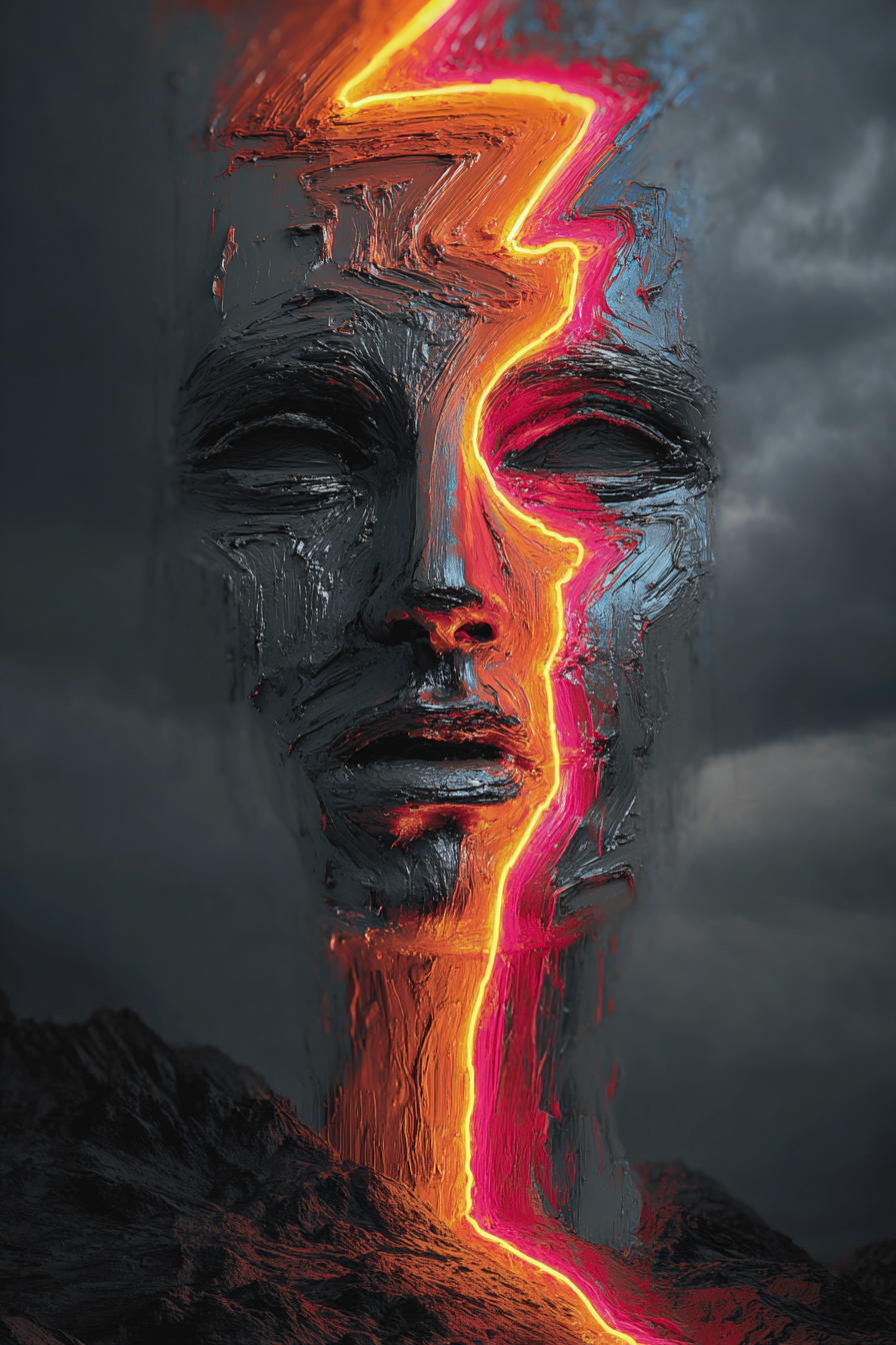 abstraktes portrait mit glühender lava linie durch dunkles gesicht vor sturmhimmel

