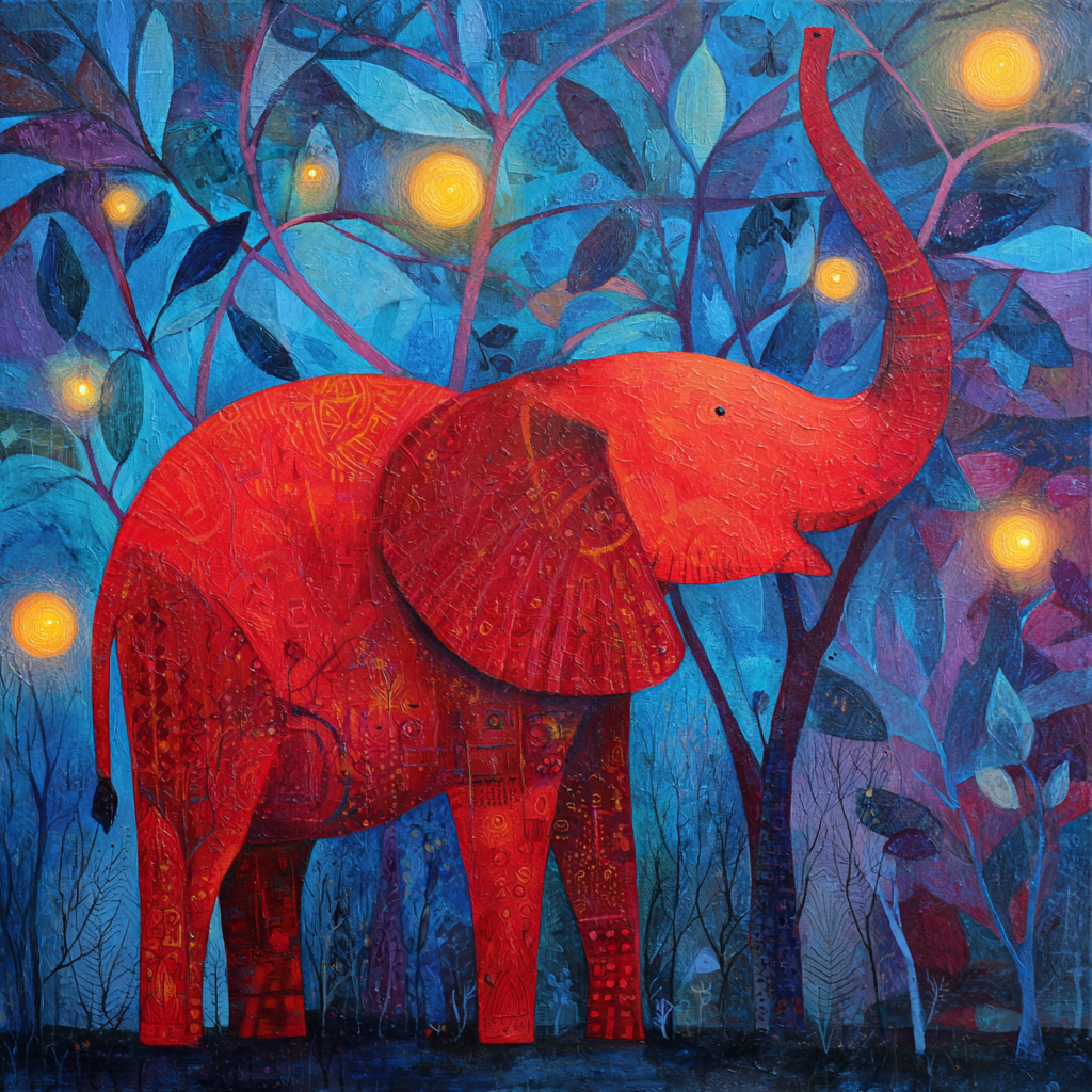 roter elefant in blauem wald mit leuchtenden lichtern im hintergrund
