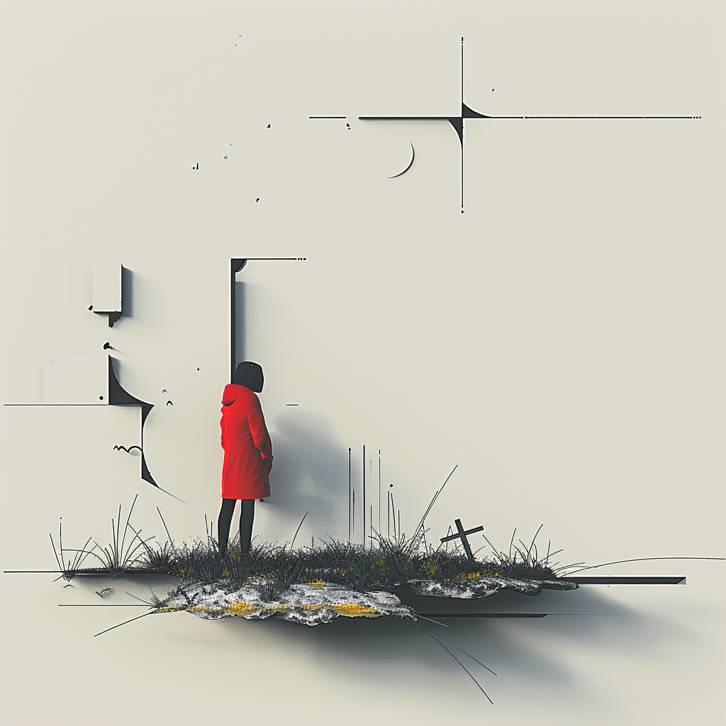 minimalistische figur im roten mantel auf grauer fläche mit gras und kreuz
