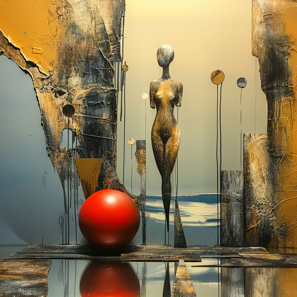 Abstrakte menschliche Figur in Gold und Schwarz, vor geometrischen Formen und einer roten Kugel, auf spiegelnder Fläche.
