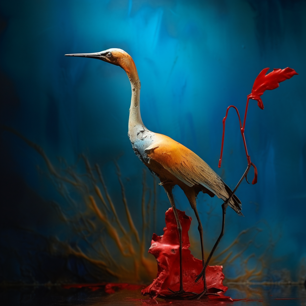 Ein eleganter Kranich mit roten und goldenen Farbtönen steht auf einer leuchtend roten Struktur vor einem tiefblauen Hintergrund – eine Mischung aus Natur, Symbolik und surrealer Ruhe.
