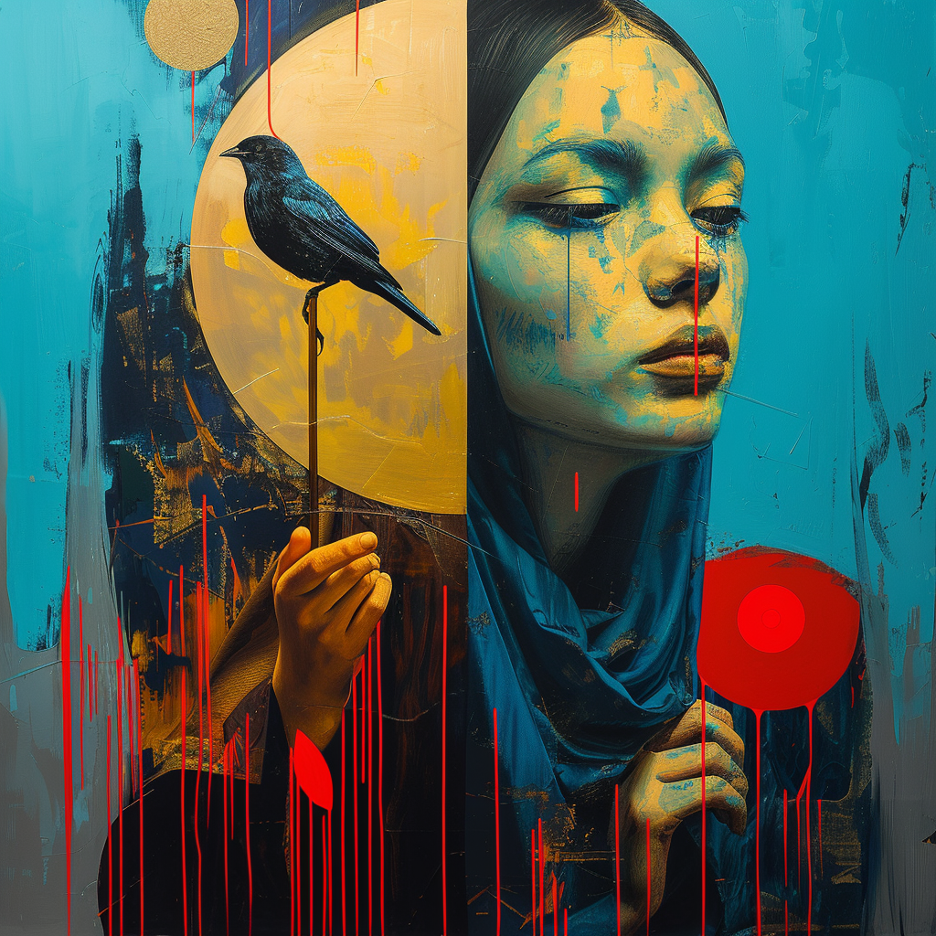 symbolisches porträt einer frau mit geschlossenen augen, schwarzem vogel und goldener sonne, in blautönen mit roten akzenten
