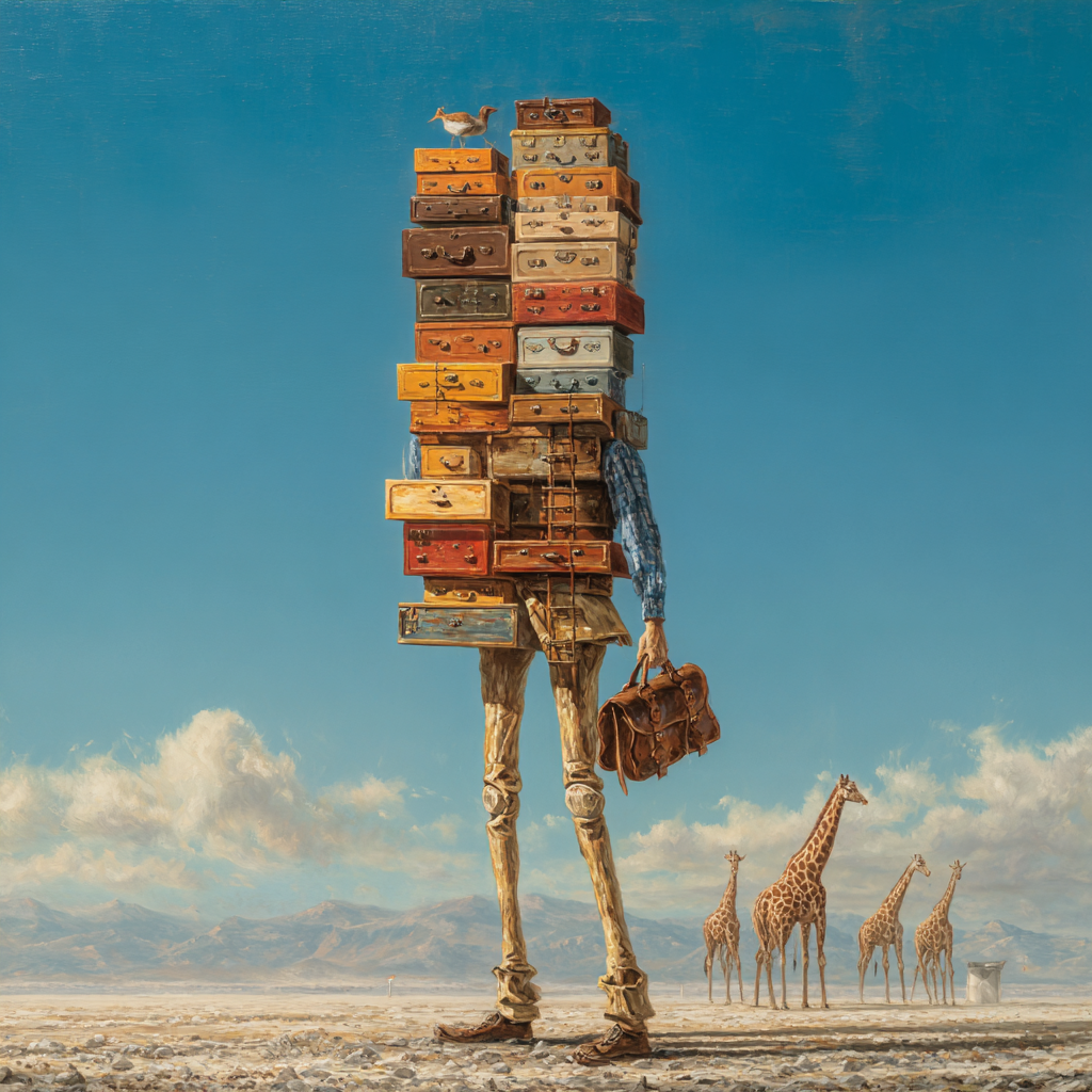 surrealistische figur aus kofferstapeln in wuestenlandschaft mit giraffen

