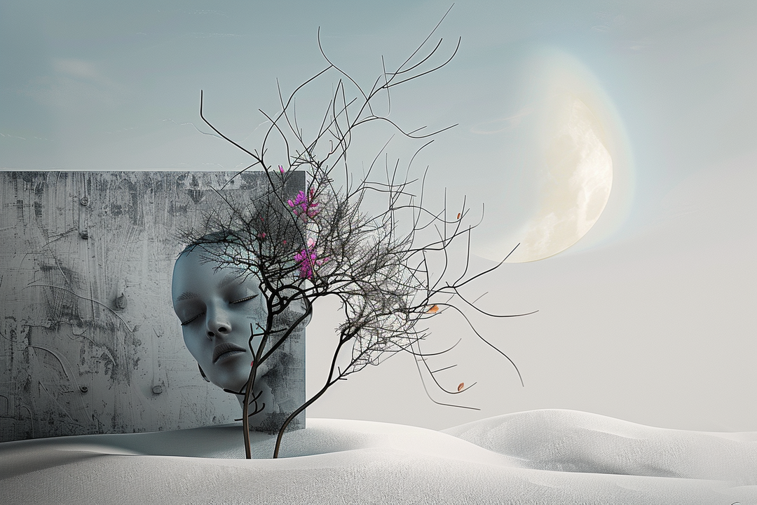 Ein ruhendes Gesicht ragt aus einer grauen Wand in einer schneebedeckten Landschaft, während ein kahler Baum mit zarten rosa Blüten im Vordergrund steht und der Mond am Himmel leuchtet.
