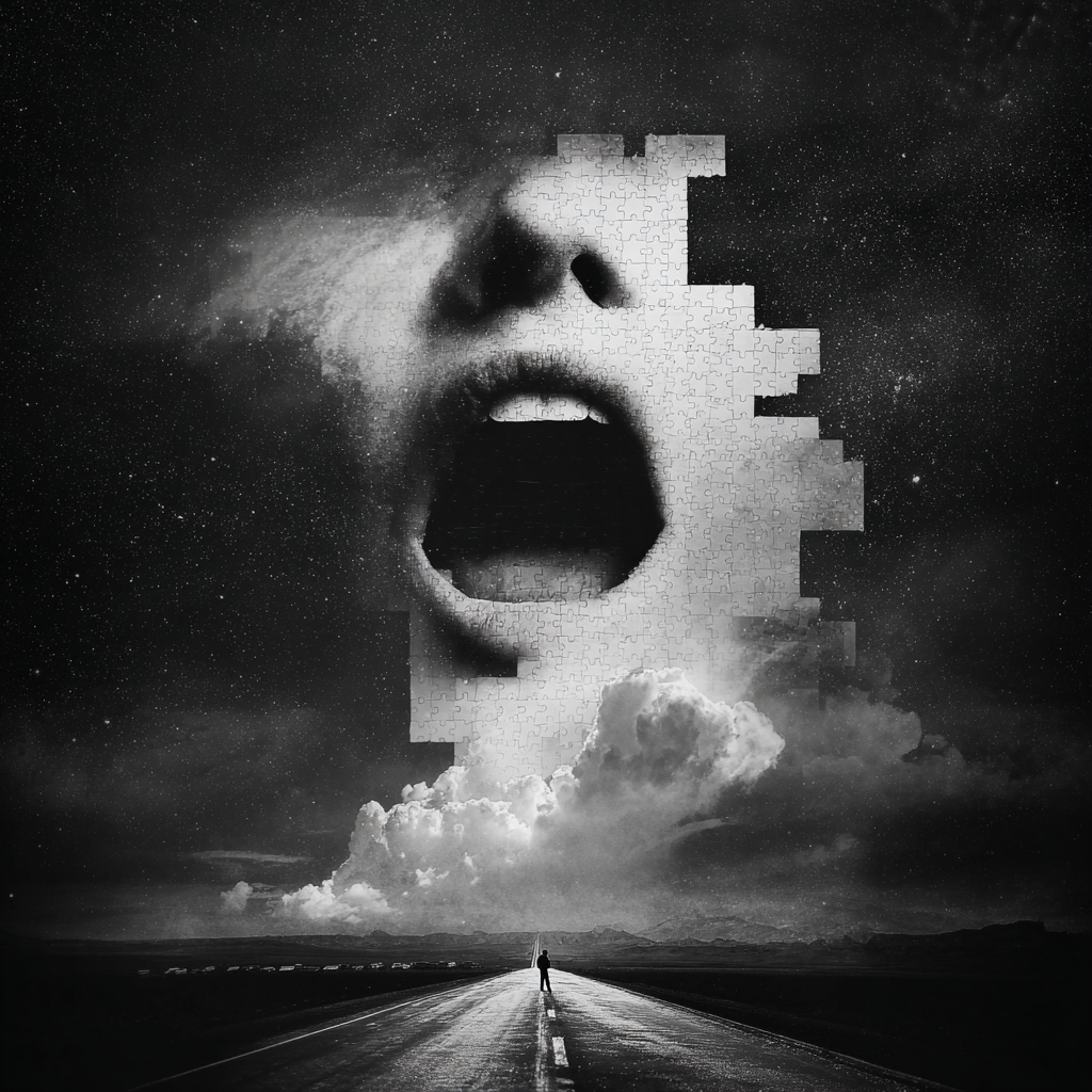 Ein surrealistisches Schwarz-Weiß-Bild zeigt eine riesige, aus Puzzleteilen bestehende schreiende Mundpartie, die aus den Wolken über einer einsamen Straße aufragt, während eine kleine Gestalt in der Ferne steht.
