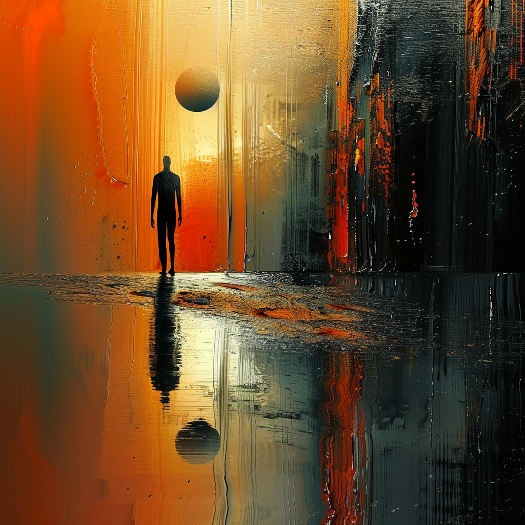 Abstrakte Silhouette einer stehenden Figur vor einem goldenen Sonnenuntergang, reflektiert auf einer glänzenden Oberfläche.
