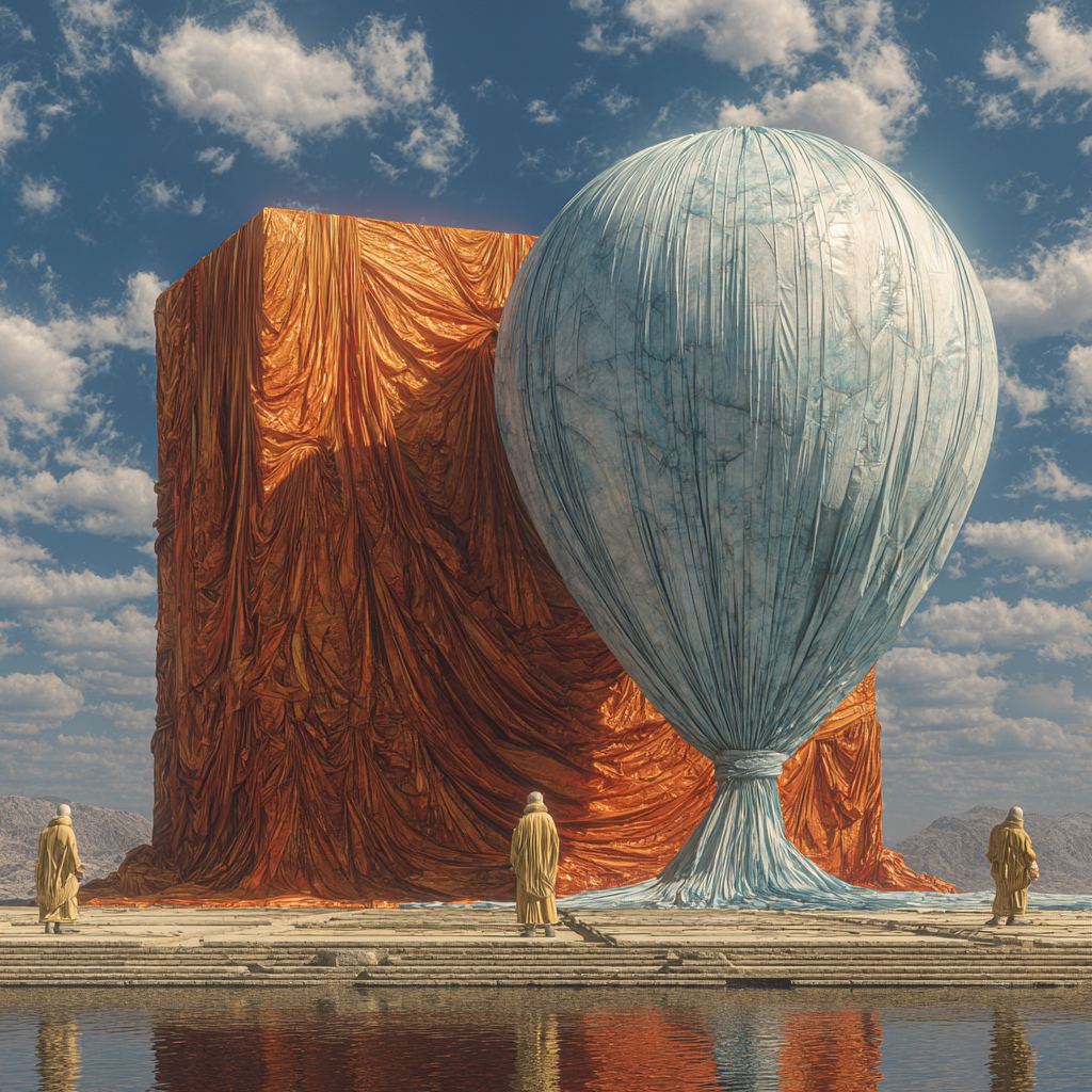 Verhüllter orangefarbener Kubus und große blaue Kugel in surrealer Wüstenlandschaft, umgeben von drei Figuren unter wolkigem Himmel.

