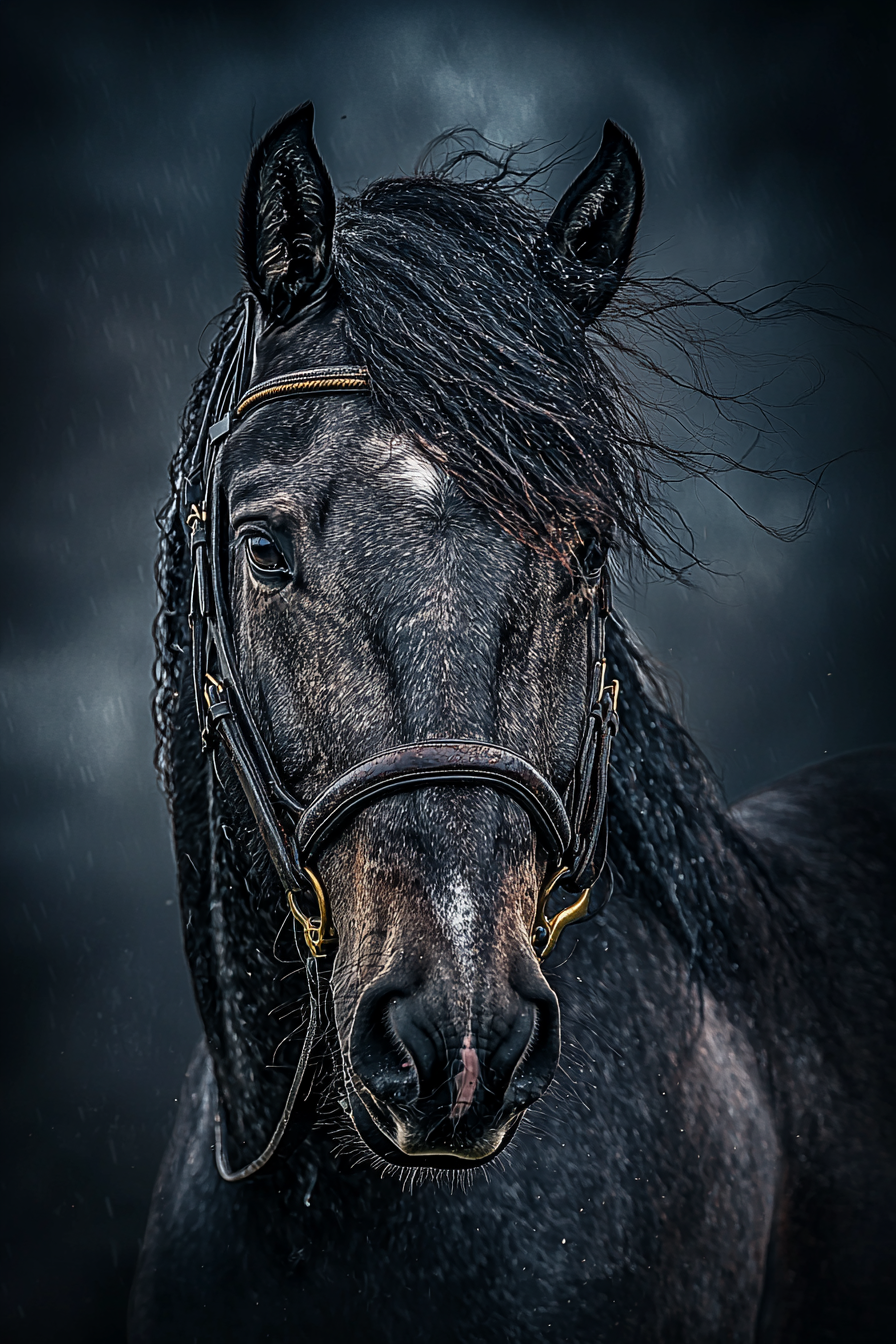 porträt eines schwarzen pferdes im regen mit dunklem hintergrund
