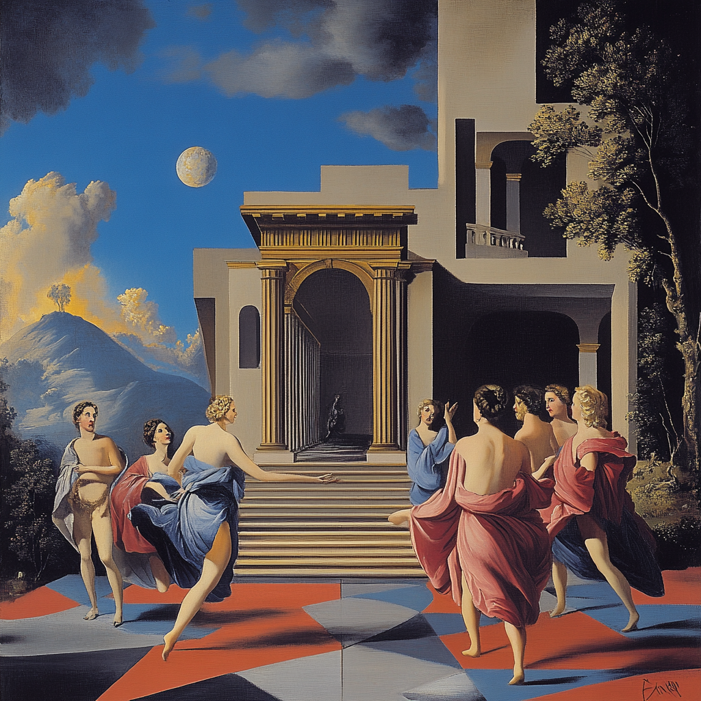 Klassisch-surreale Szene mit tanzenden Figuren vor einem Tempel unter blauem Himmel und Mondlicht – eine poetische Verbindung von Mythos, Architektur und Bewegung.
