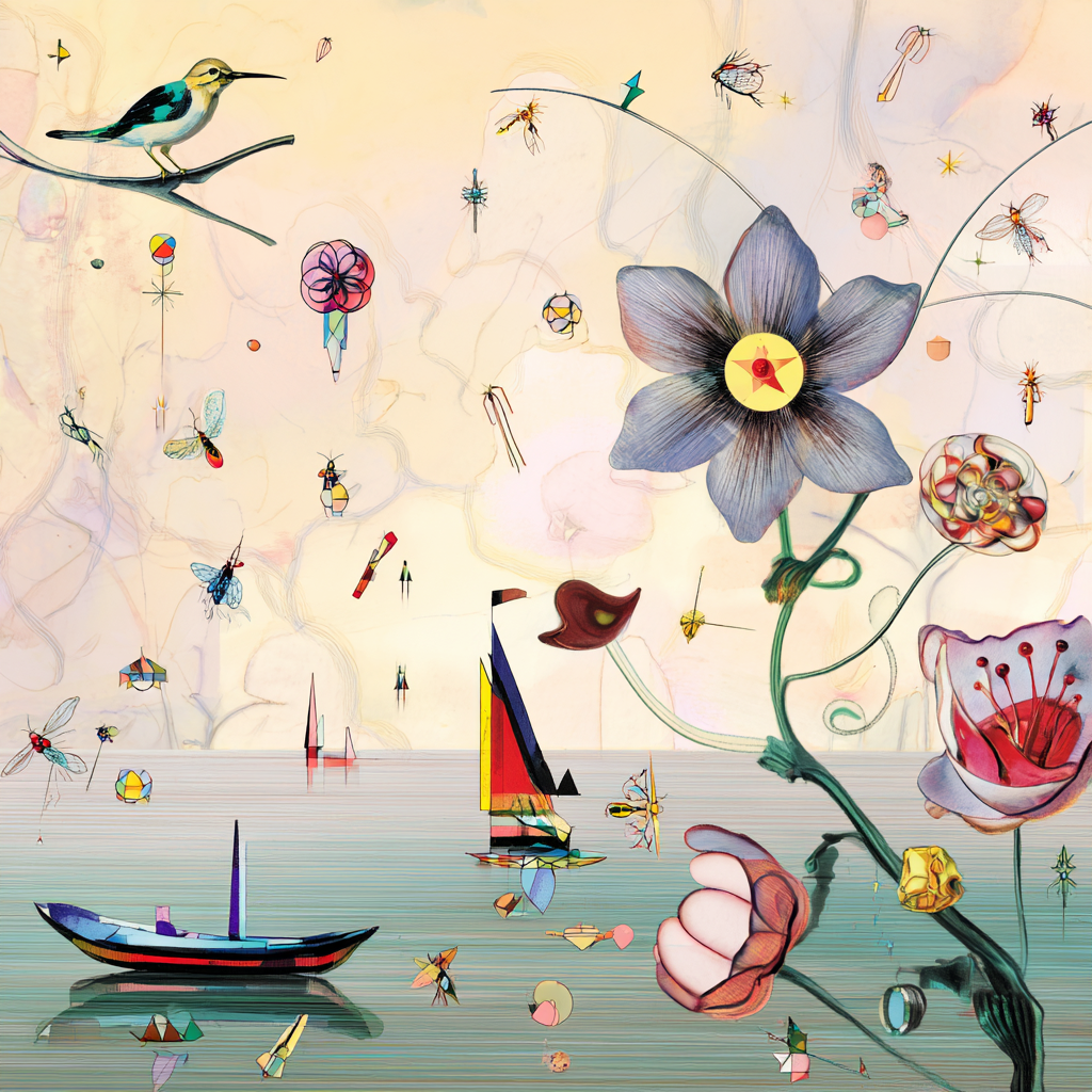 surrealistische szene mit blumen vögeln und segelbooten in pastellfarben
