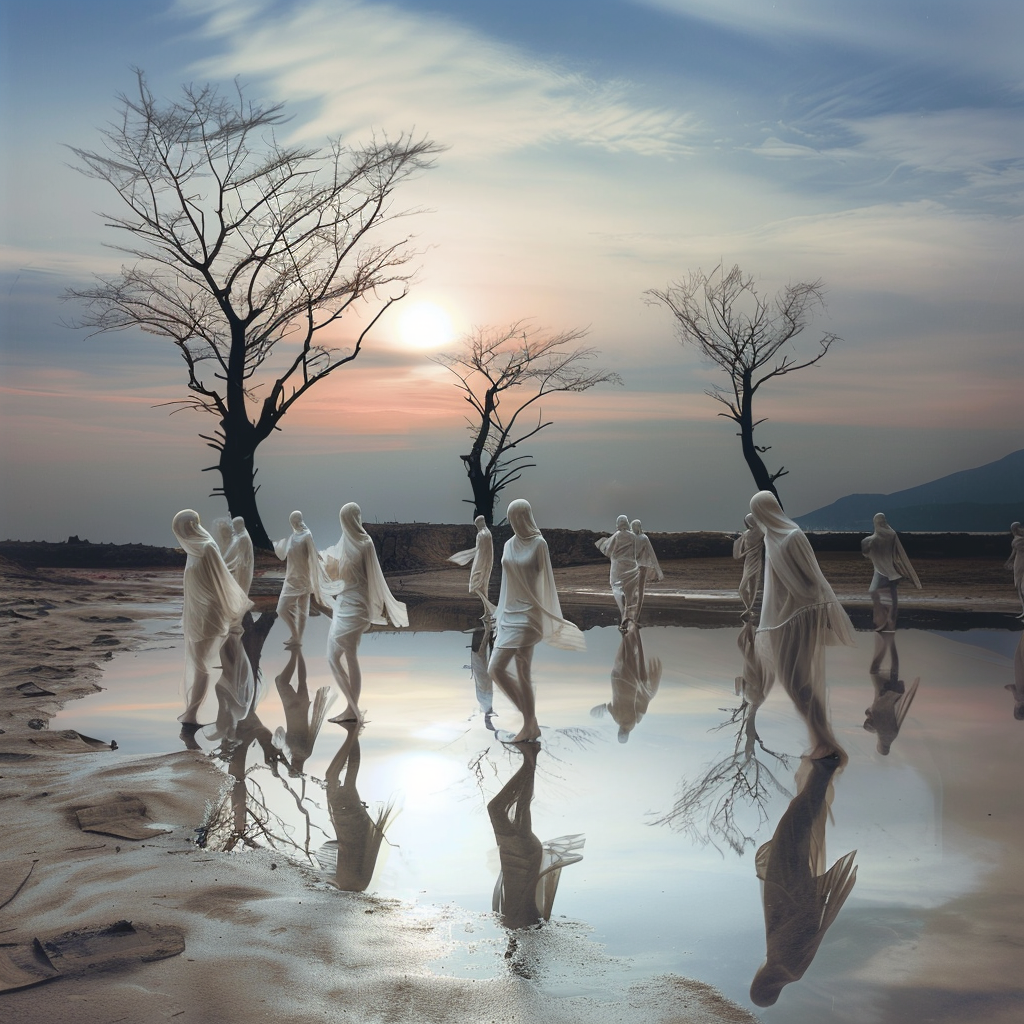 Verschleierte Figuren tanzen bei Sonnenuntergang auf nassem Sand, umgeben von kahlen Bäumen und Spiegelungen im Wasser.
