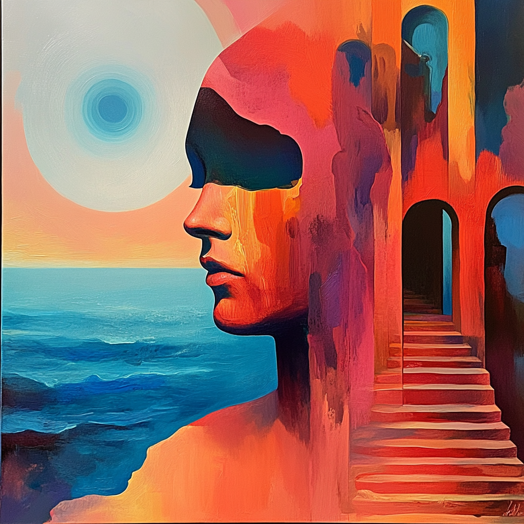 Ein surrealistisches Porträt in warmen Farbtönen zeigt das Profil eines Gesichts, das in eine architektonische Struktur übergeht, am Meer unter einer strahlenden Sonne – Symbol für Bewusstsein, Licht und Übergang.
