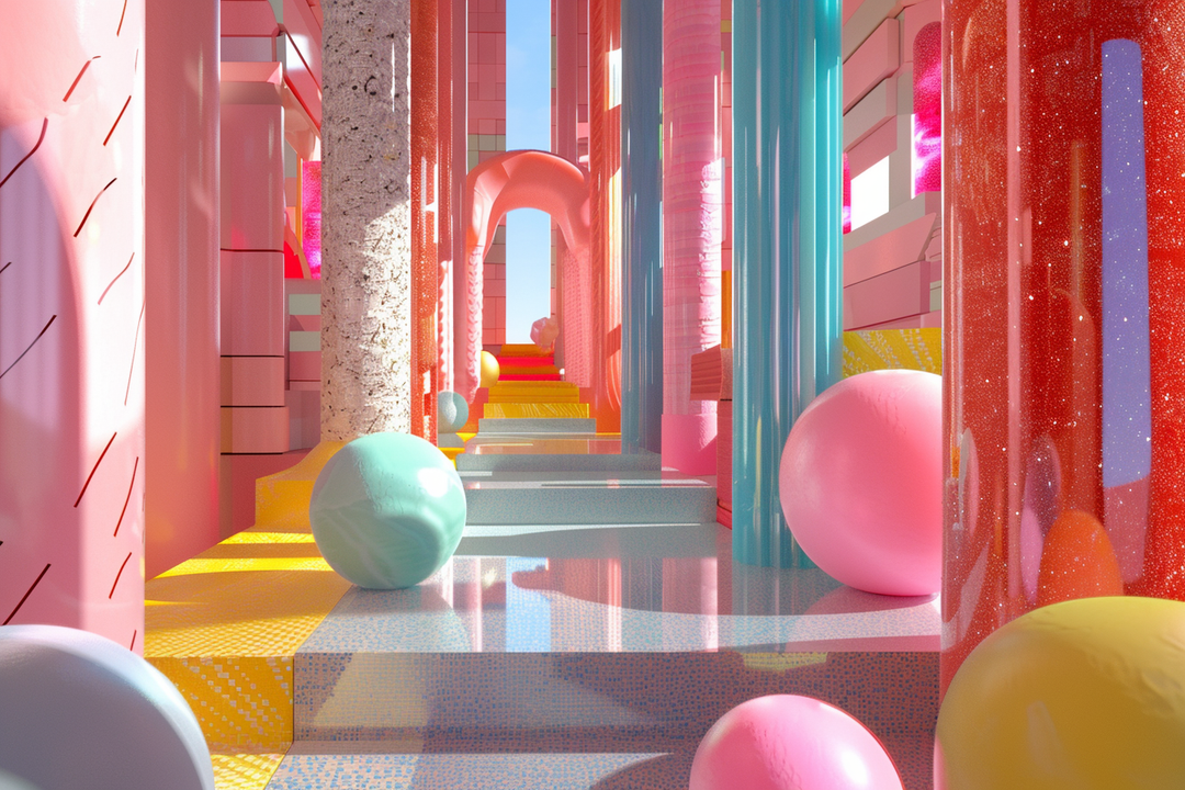 Ein farbenfroher architektonischer Raum mit glänzenden Säulen, Kugeln und Treppen in Pastellfarben, durchflutet von Licht.
