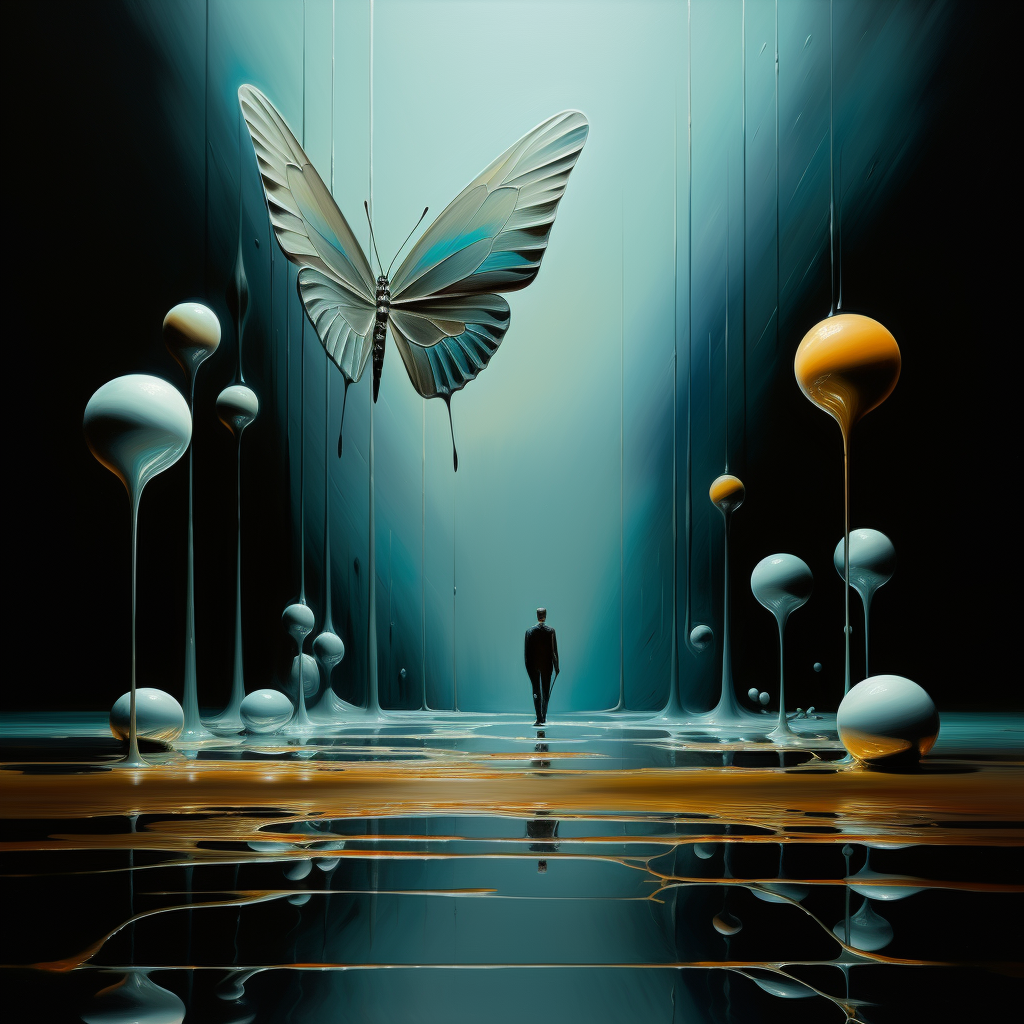 Surreale Szene mit einem riesigen Schmetterling über einer schwebenden, flüssigen Landschaft; ein einzelner Mensch schreitet in Richtung Licht – Symbol für Verwandlung und Bewusstsein.
