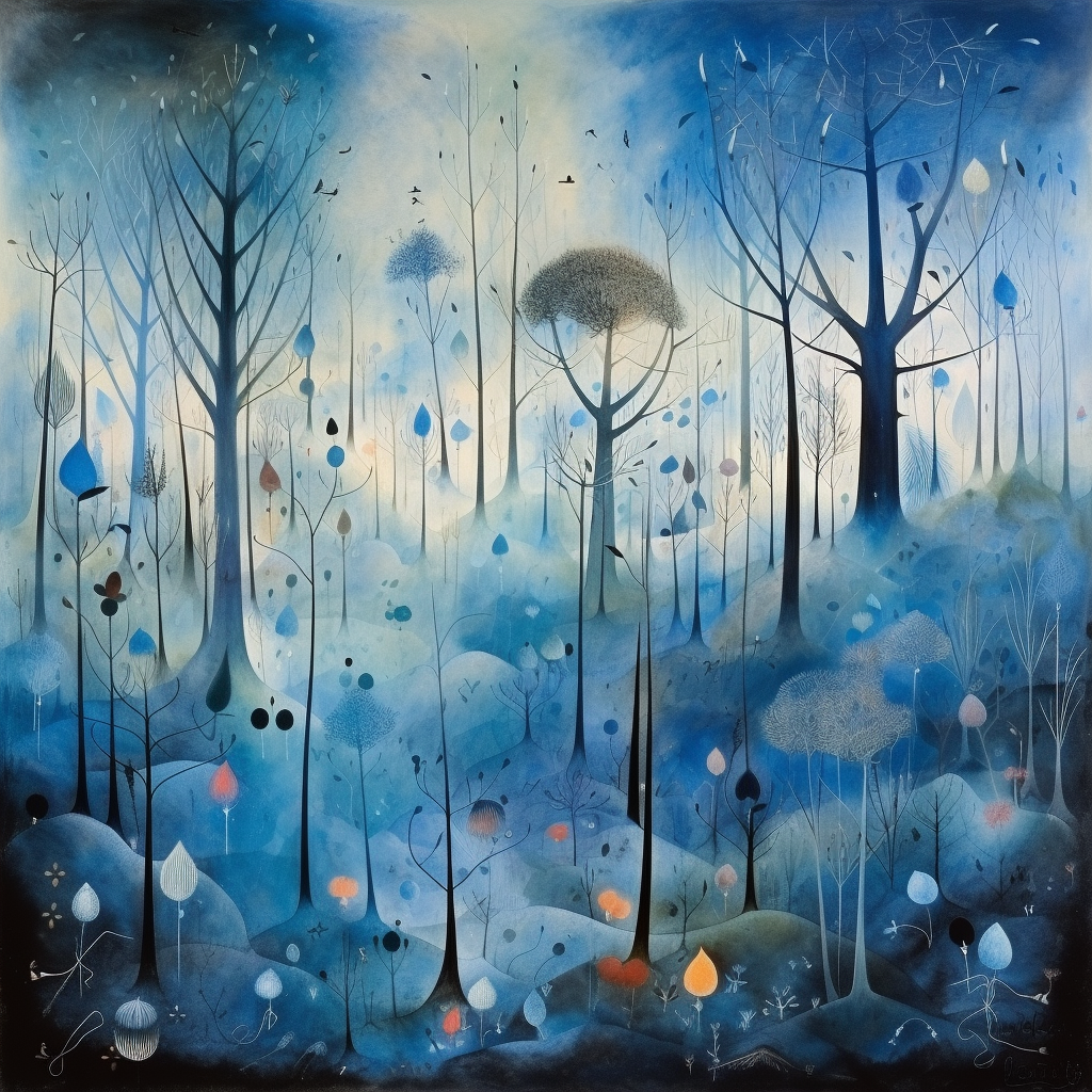 verträumter wald in blautönen mit feinen bäumen und leuchtenden elementen
