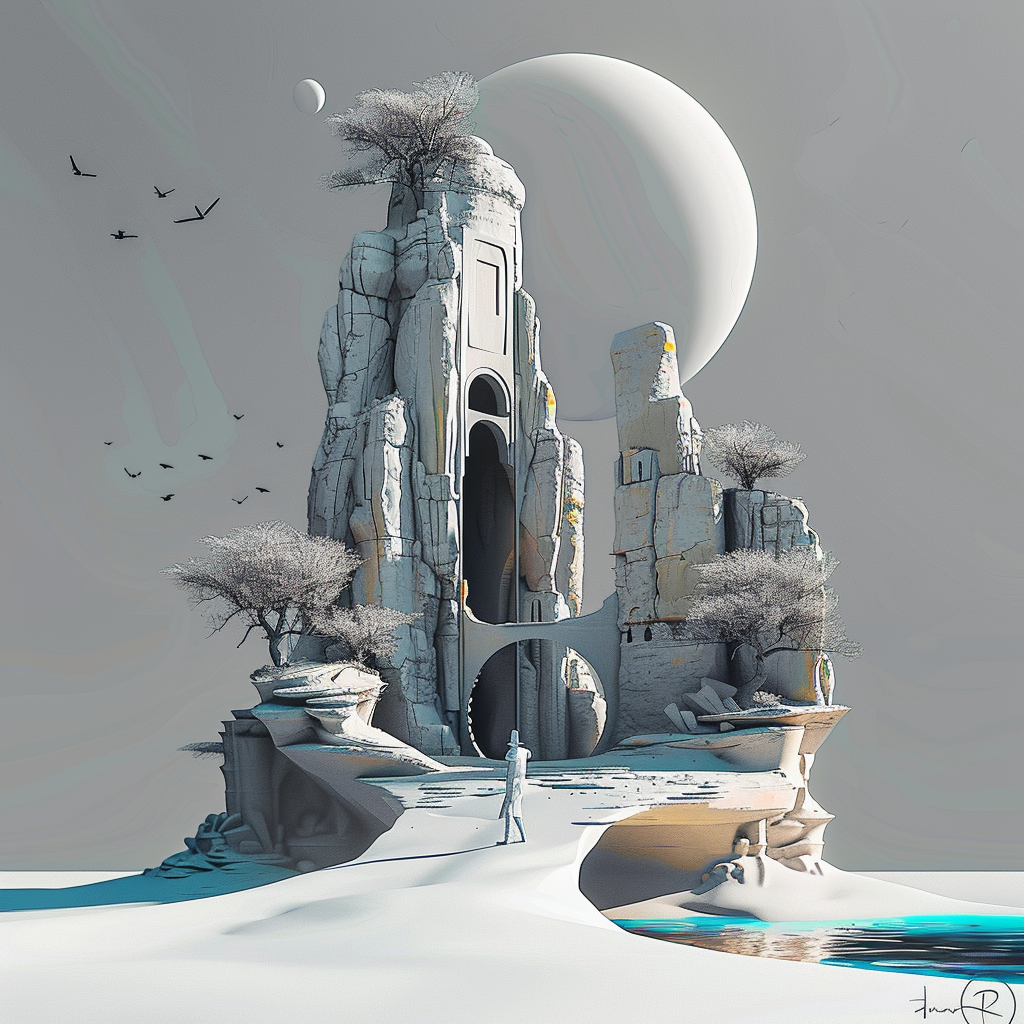 Surreale Landschaft mit einem riesigen, steinernen Turm auf einer sandigen Fläche, vor grauem Himmel und zwei Monden, mit einer einsamen Figur im Vordergrund.
