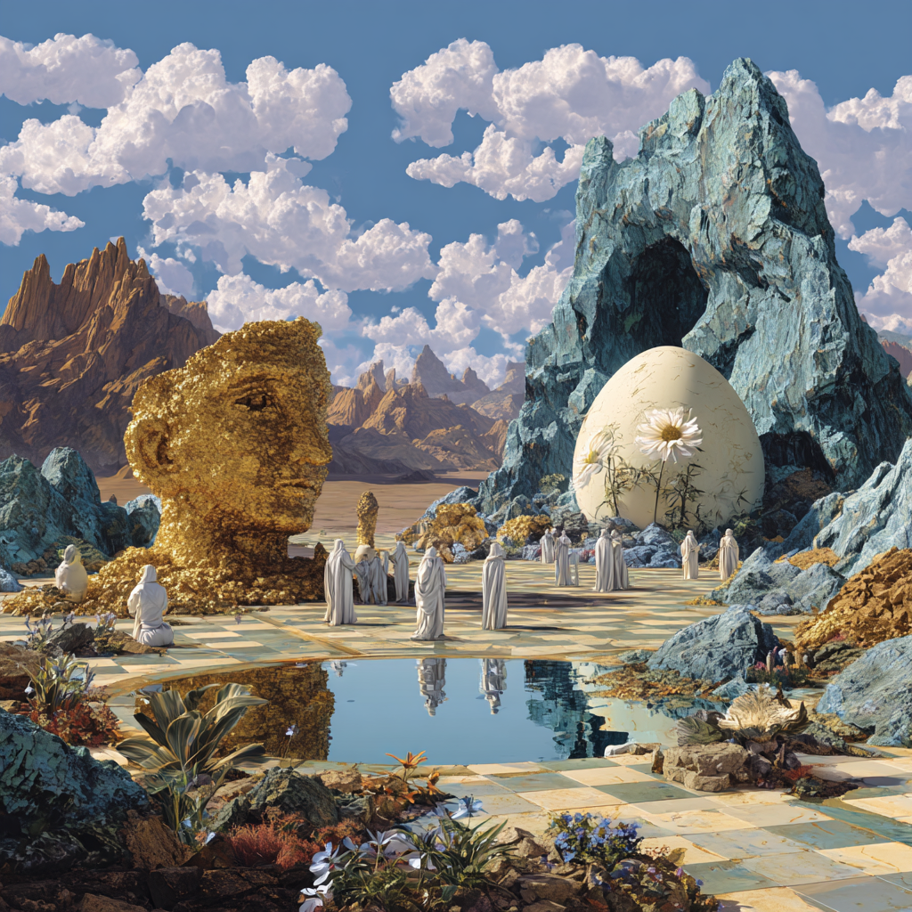 surrealistische landschaft mit goldenem kopf, riesigem ei und figuren in weissen gewandern

