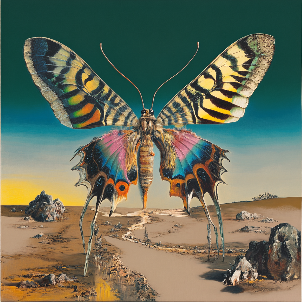 Surreales Gemälde eines riesigen, bunten Schmetterlings mit langen, beinähnlichen Gliedern, der in einer kargen Wüstenlandschaft steht – Symbol für Wandel, Transformation und Hoffnung.
