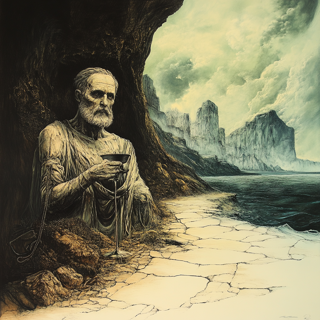 symbolisches portraet eines alten mannes mit becher an felskueste
