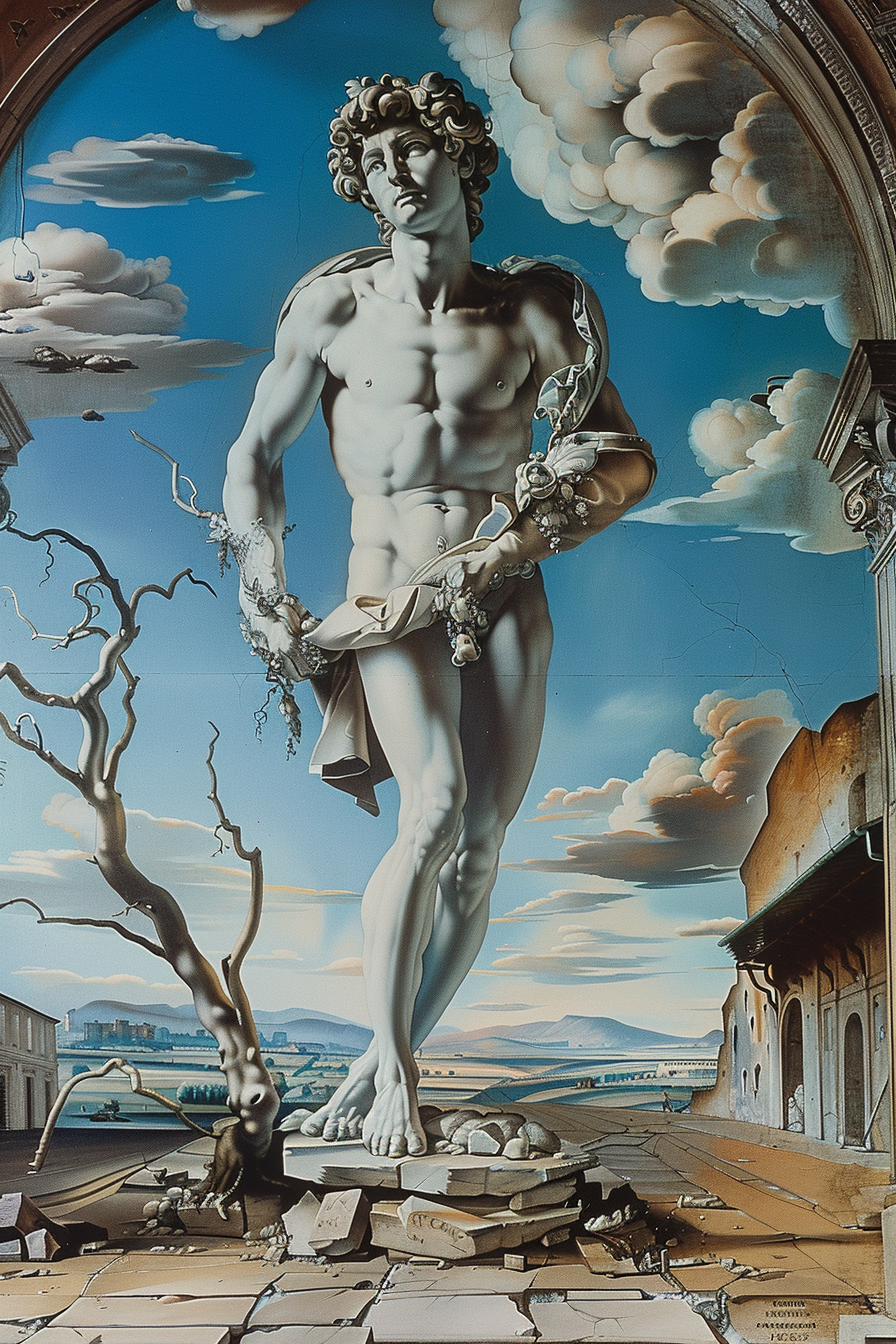 surrealistische marmorskulptur in weiter landschaft mit wolkenhimmel
