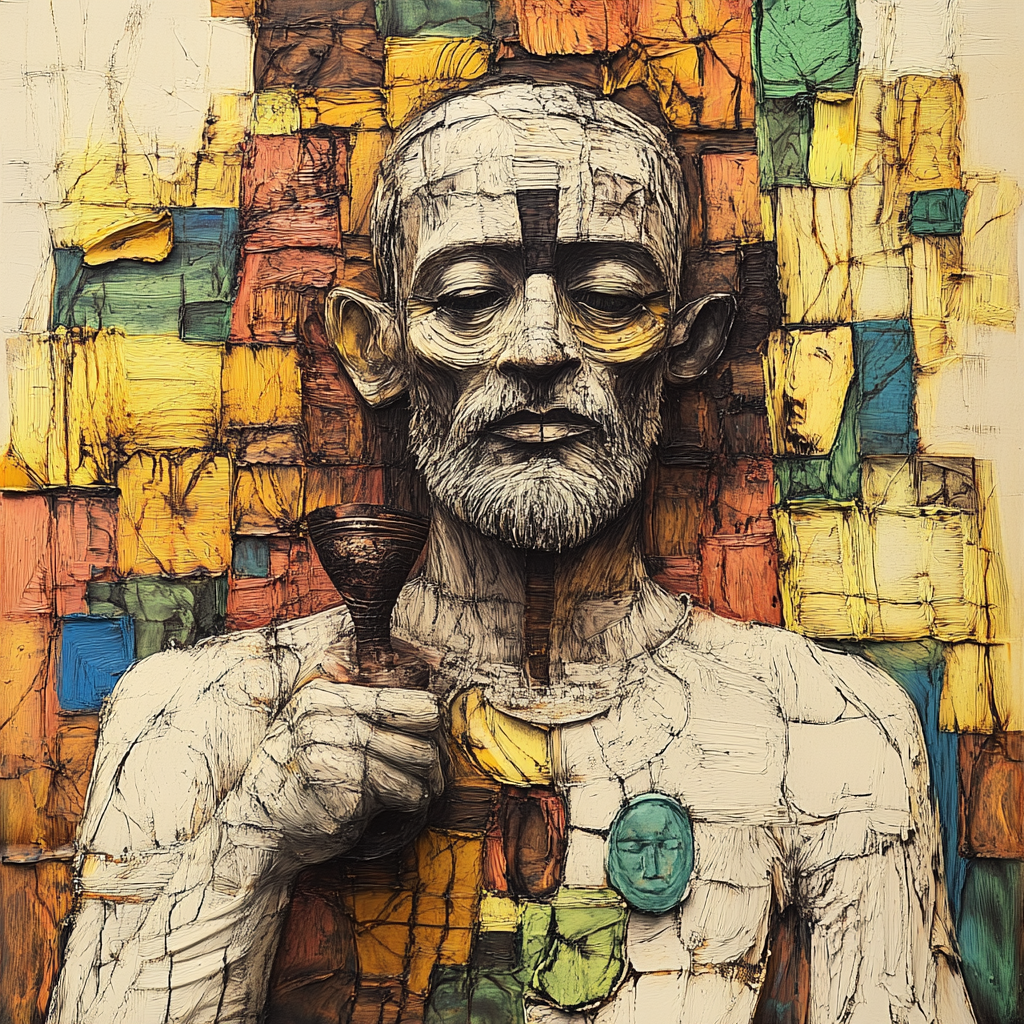 strukturelles portraet eines mannes mit kelch vor farbigem mosaikhintergrund
