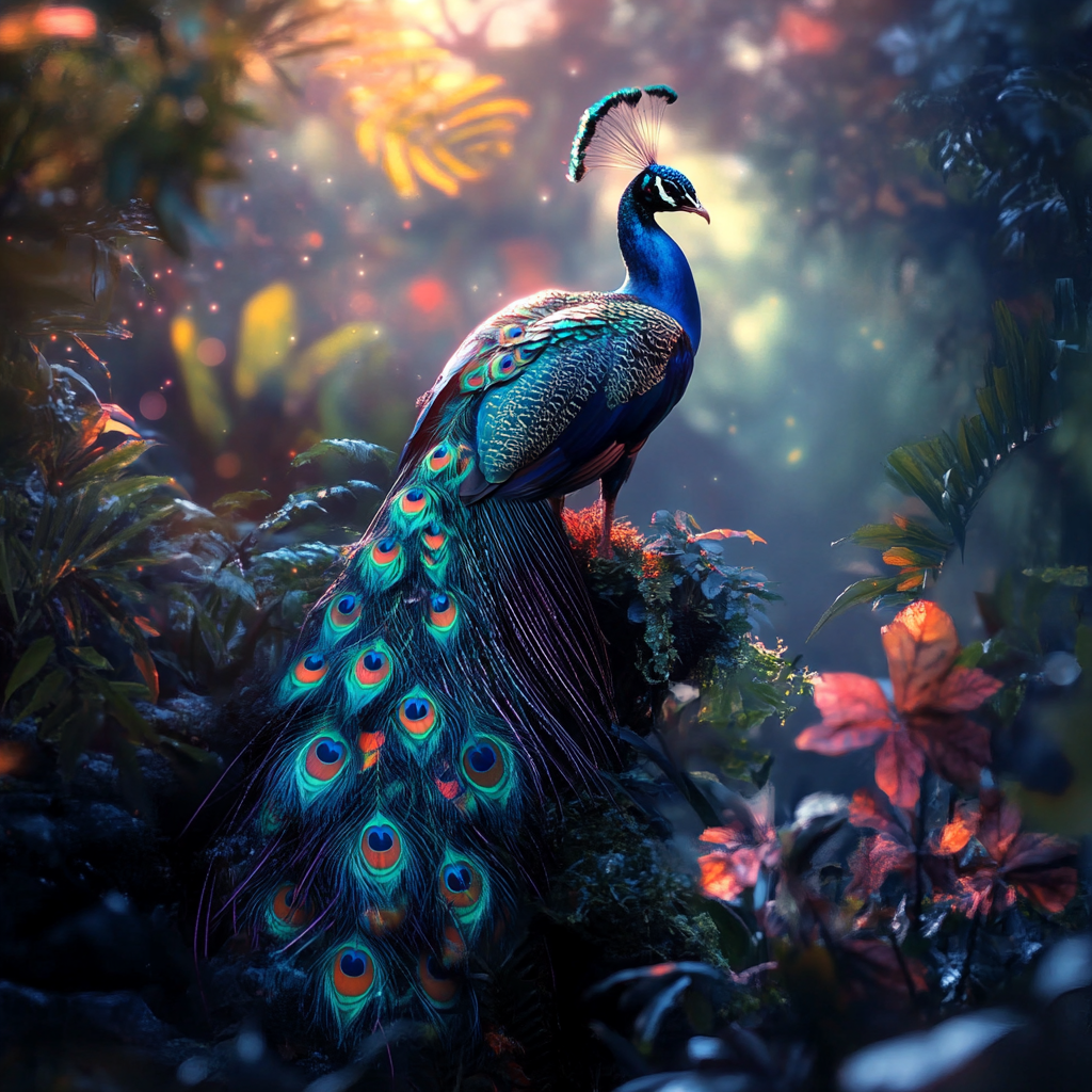 pfau mit buntem gefieder in einem mystischen wald mit lichtreflexen
