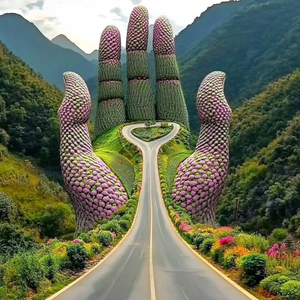 Surrealistisches Landschaftsbild mit einer Straße, die zu einer riesigen, aus Blumen bestehenden Hand führt, eingebettet in grüne Berge.
