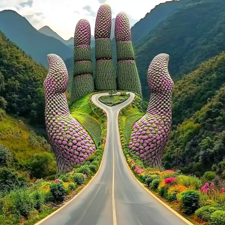 Surrealistisches Landschaftsbild mit einer Straße, die zu einer riesigen, aus Blumen bestehenden Hand führt, eingebettet in grüne Berge.
