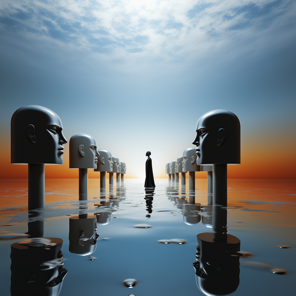 Surreale Szene mit einer schwarzen Gestalt, die zwischen Reihen schwebender Köpfe über eine spiegelnde Wasserfläche schreitet – Symbol für Identität, Bewusstsein und inneren Dialog.
