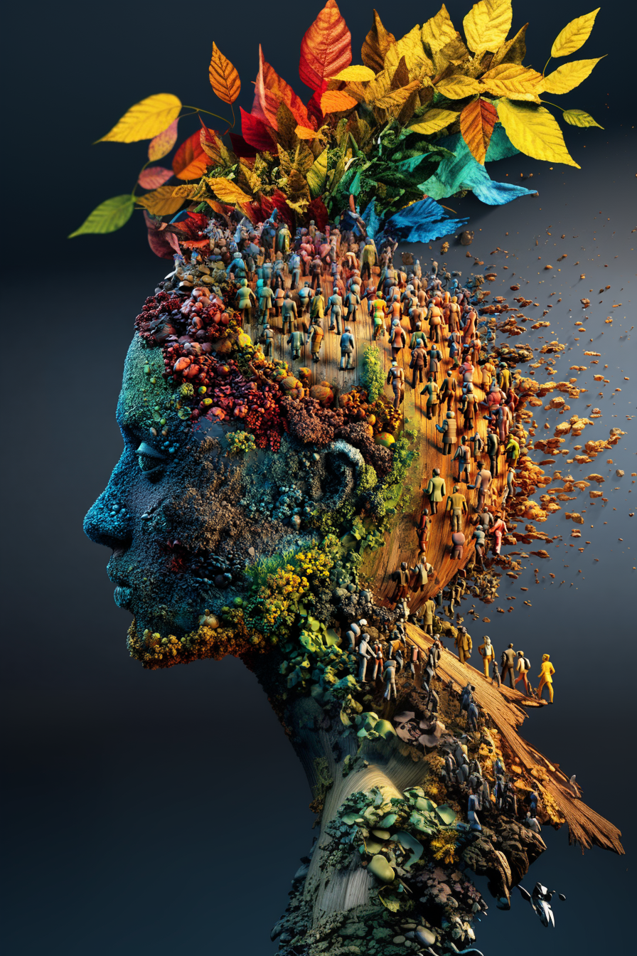 surreales portrait einer frau aus menschen und blättern in kräftigen farben
