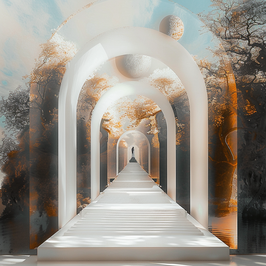 architektonische fantasie mit weißen bögen, weg ins licht, einzelne figur in der ferne, warme und kühle farbtöne
