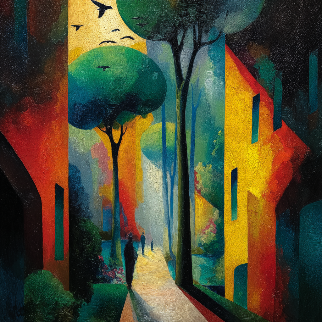 bunte straße mit bäumen und gebäuden im sonnenlicht
