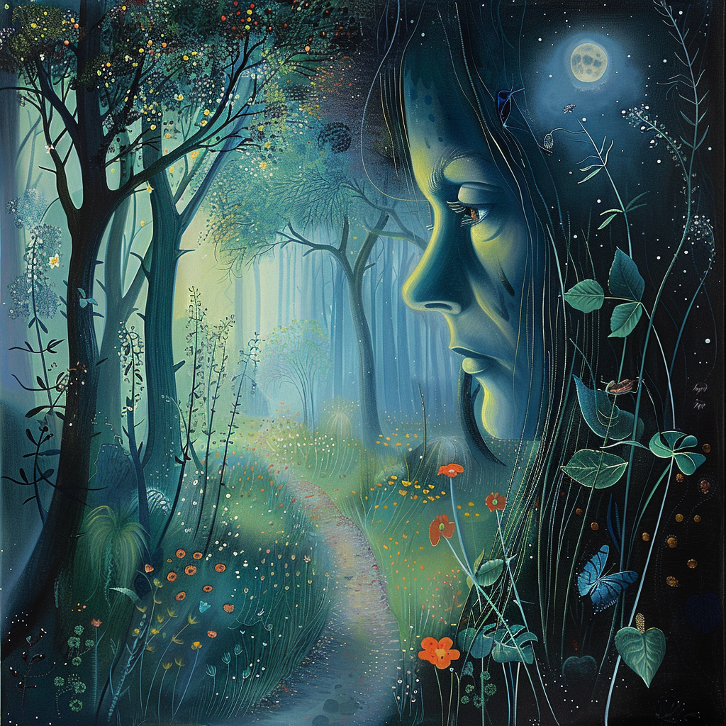 Ein Frauenprofil verschmilzt mit einer nächtlichen Waldlandschaft, in der ein Pfad durch leuchtende Blumen und Bäume führt, unter dem Licht des Mondes.
